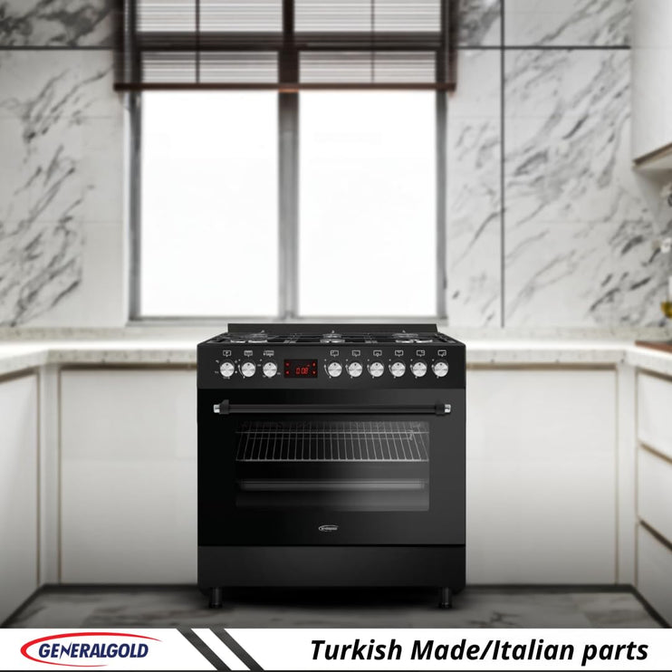 General Gold 6 Burner Gas Cooking Range 90x60 cm, Freestanding Cooker Italian Parts, Gas Oven Grill with Triple Glass Door, Dual Wok Burners, Cast Iron Pan Support, Rotisserie, Heavy Duty Stove