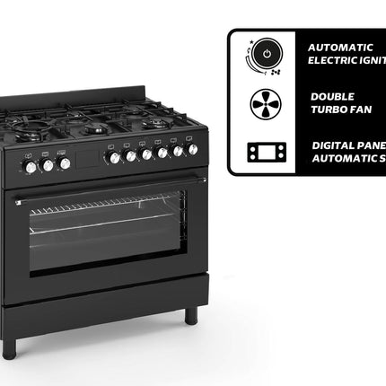 General Gold 6 Burner Gas Cooking Range 90x60 cm, Freestanding Cooker Italian Parts, Gas Oven Grill with Triple Glass Door, Dual Wok Burners, Cast Iron Pan Support, Rotisserie, Heavy Duty Stove