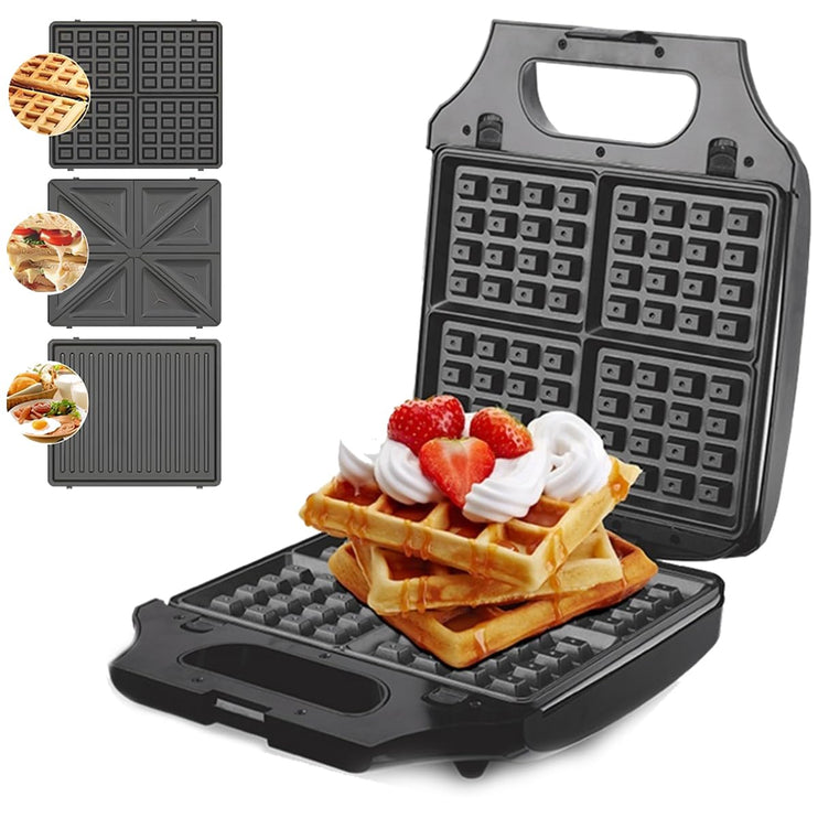dsp waffle maker machine 3 in 1, 1400W, 25.4x21.5 cm Plate, Removable Plates, Non-Stick Coated Aluminum, Power Indicator Light, Overheat Protection & Safety Lock, KC1236