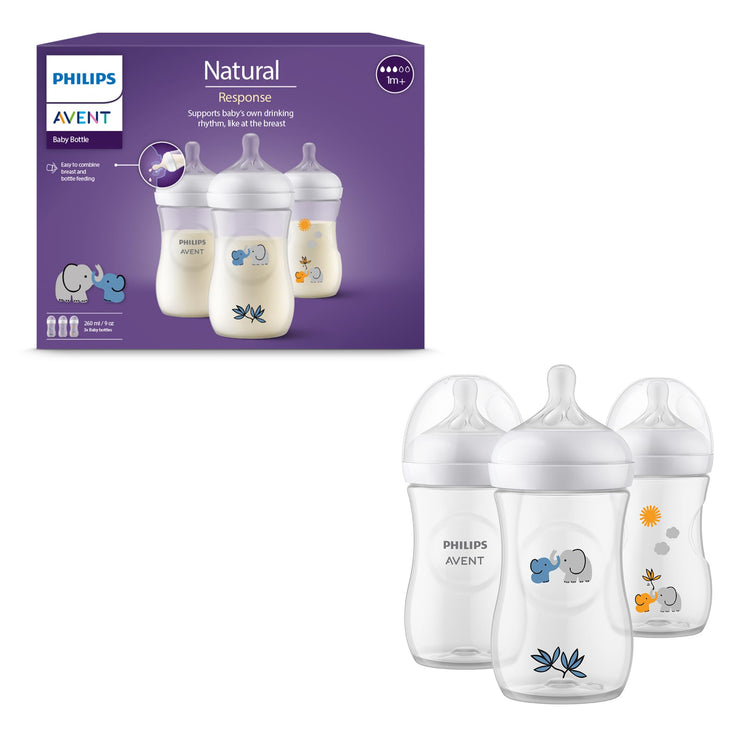 Philips Avent Natural Response Gift Set for Babies: 3 Natural Response Baby Bottles (260 ml) with T3 Teats, SCY903/63