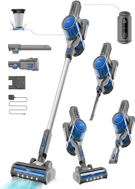 Gevi Brushless Cordless Vacuum for 25Kpa Motor with HEPA 45mins Runtime, Detachable Battery, Lightweight Vacuum for Carpet, Pet Floor 400W / Color Blue