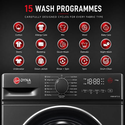 Hoover 7kg Front Load Washing Machine – Grey | A+++ Energy, Inverter, 1200RPM Spin Speed, 15 Programs, Steam, Knob & Touch Control, 1Yr Warranty + 10Yr – HWM-M712-G