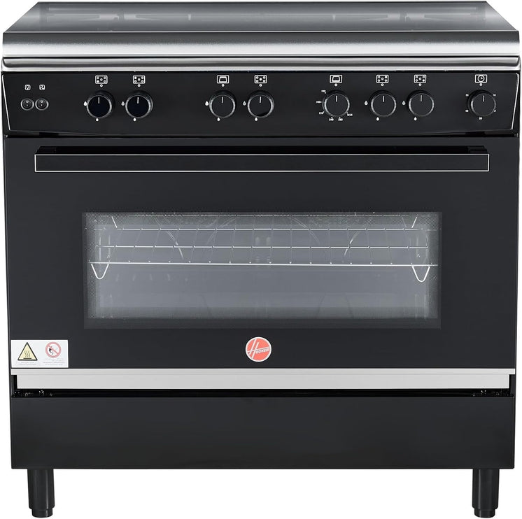 Hoover 90x60 Full Gas Cooker with 5 Gas Burners(1 Wok), Full Safety,Gas Oven & Grill, Auto Ignition, Cast Iron Support, Dual Convection Fan, Double Glazed Door 1-YearWarranty Black -HGC-G95G-RB