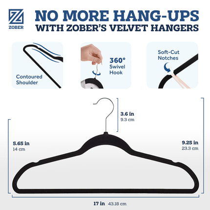 ZOBER Non-Slip Velvet Hangers - Suit Hangers Ultra Thin Space Saving 360 Degree Swivel Hook Strong and Durable Clothes Hangers Hold Up-to 10 Lbs