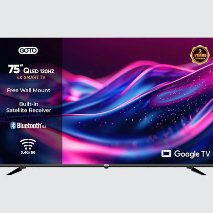 GOTO 75 Inch Smart TV | Frameless | 4K UHD | QLED | 120Hz | Official Google TV | Quad-Core Processor | Voice Control | 2.4G/5G WiFi | Bluetooth 5.0 | Chromecast Built-in | Built-in DVB-T2/S2