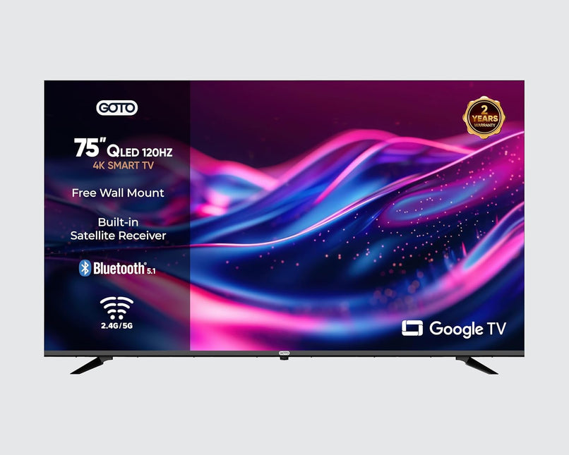 GOTO 75 Inch Smart TV | Frameless | 4K UHD | QLED | 120Hz | Official Google TV | Quad-Core Processor | Voice Control | 2.4G/5G WiFi | Bluetooth 5.0 | Chromecast Built-in | Built-in DVB-T2/S2