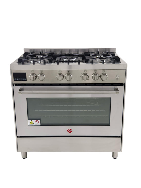 Hoover 90x60 Full Gas Cooker with 5 Gas Burners(1 Wok), Full Safety,Gas Oven & Grill, Auto Ignition, H Cast Iron Support, Cooling & Convection Fan, 3 Layer Glazed Doo 1-YearWarranty - SS -HGC-G95G-PS
