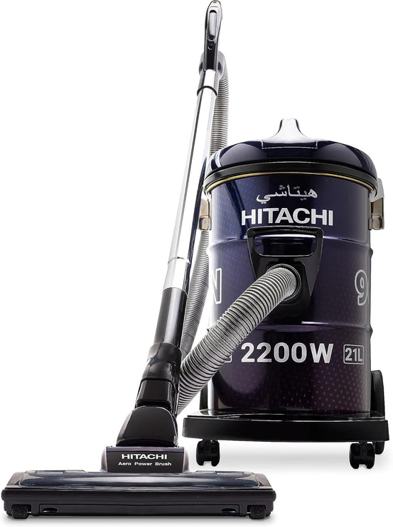 HITACHI Drum Vacuum Cleaner 2200 Watts, 21L Tank Dust Capacity, Aero Power Brush to Clean Efficiently, Metal Pipe, Dusting Brush & Crevice Nozzle, Washable Filter, Best for Home & Office, CV965NBLGCM