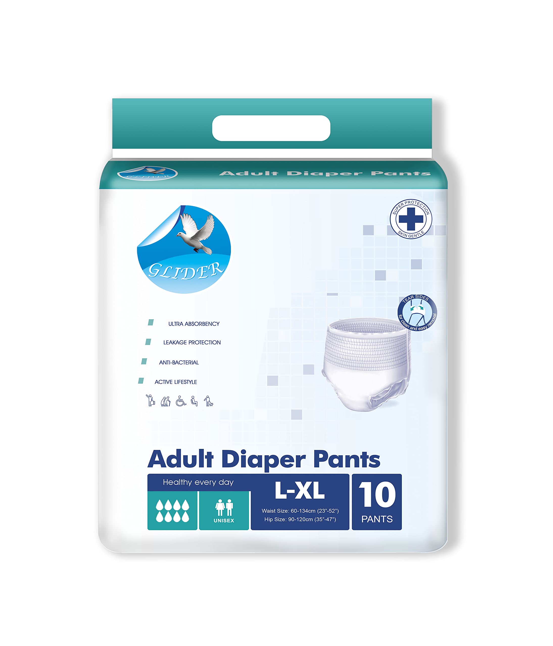 GLIDER Pant Style Adult Pull Ups Diaper (35-47in, 90-120cm, Large-XL )- Count 10