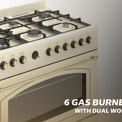 General Gold 90x60 cm Freestanding Gas Cooker 6 Burner, Dual Wok, Gas Oven Grill with Triple Glass Door, 90cm Heavy Duty Cooking Range Automatic Ignition, Full FFD Safety, Rotisserie, Cooling Fan