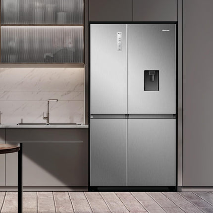 Hisense RS3N668SMI3 - ثلاجة ببابين جنبًا إلى جنب 869L ثلاجة، موزع مياه بدون سباكة، منطقة تحكم مزدوجة في درجة الحرارة، عاكس متين، 91×71.7×179.5 سم (طول×عرض×ارتفاع)، فضي