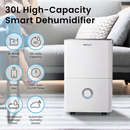 Pro Breeze 30L/Day Dehumidifier - Smart Compressor Dehumidifier with App, Wi-Fi, Continuous Drainage, 4L Water Tank, 24h Timer & Child Lock- Mould Remover & Moisture Absorber for Home & Bathroom