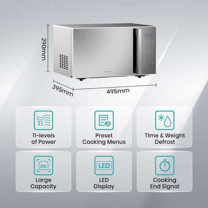 Hisense 30L Microwave Oven, 11-levels of Power, Preset Programmes, Time & Weight Defrost, LED Display, Cooking End Signal, Large Capacity, H30MOMS9H
