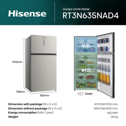 Hisense RT3N635NAD4 Two Door Top-mount 830L Freezer Fridge, Precise Electronic Control, Big Capacity, Total No Frost, 83x74.6x187 cm (LxWxH), Silver