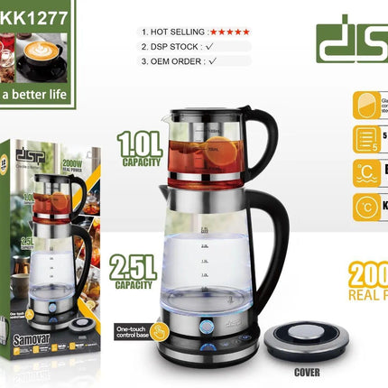 DSP Glass Electric Kettle with Samovar, 2000W Real Power, 1.0L and 2.5L Capacity, 5 Temperature Settings, Boil-Dry Protection, Keep Warm Function, -KK1277