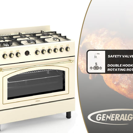 General Gold 90x60 cm Freestanding Gas Cooker 6 Burner, Dual Wok, Gas Oven Grill with Triple Glass Door, 90cm Heavy Duty Cooking Range Automatic Ignition, Full FFD Safety, Rotisserie, Cooling Fan