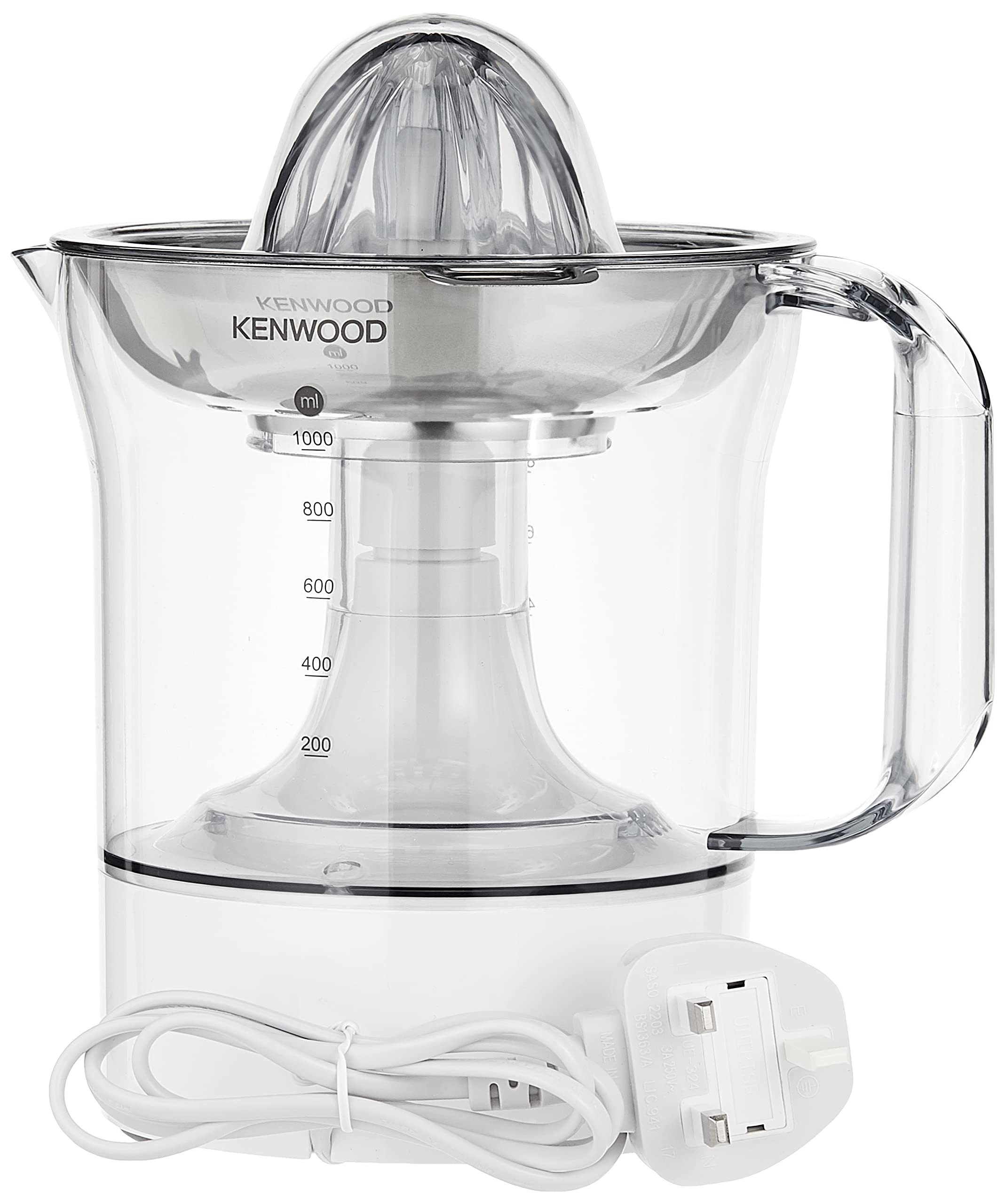 KENWOOD Citrus Juicer 40W Juice Extractor with 1L Transparent Juice Jug, Stainless Steel Filter, Dust Cover, 2 Way Rotation, Cord Storage for Home, Office, Restaurant & Cafeteria JE290A White/Clear