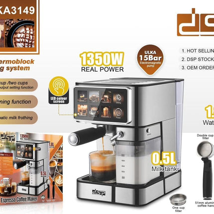 DSP Espresso Coffee Maker Machine – 1350W, 15 Bar Pump, 1.8L Water Tank, Milk Frother | Coffee Machine- KA3149