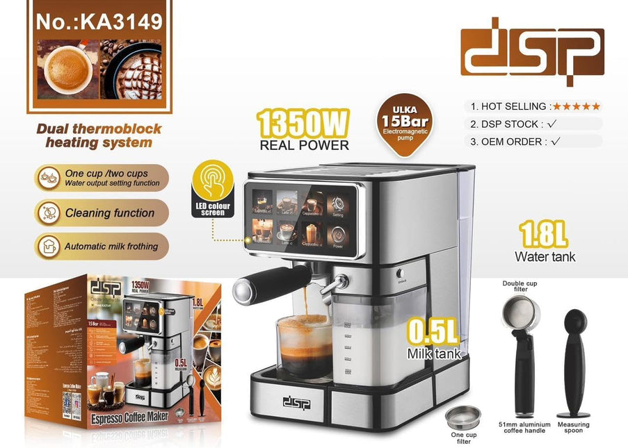 DSP Espresso Coffee Maker Machine – 1350W, 15 Bar Pump, 1.8L Water Tank, Milk Frother | Coffee Machine- KA3149