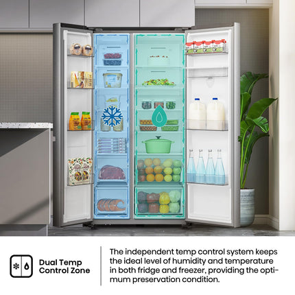 Hisense RS3N668SMI3 - ثلاجة ببابين جنبًا إلى جنب 869L ثلاجة، موزع مياه بدون سباكة، منطقة تحكم مزدوجة في درجة الحرارة، عاكس متين، 91×71.7×179.5 سم (طول×عرض×ارتفاع)، فضي