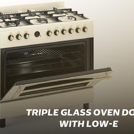 General Gold 90x60 cm Freestanding Gas Cooker 6 Burner, Dual Wok, Gas Oven Grill with Triple Glass Door, 90cm Heavy Duty Cooking Range Automatic Ignition, Full FFD Safety, Rotisserie, Cooling Fan