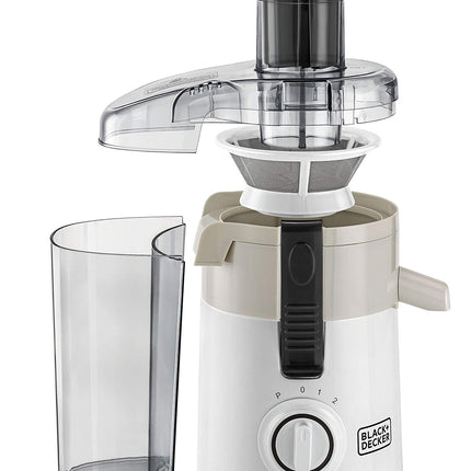 Black & Decker 250W juicer with pulp separator, large fruit feed chute, white/gray - JE250-B5
