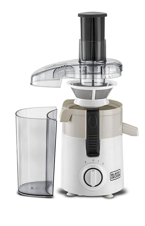 Black & Decker 250W juicer with pulp separator, large fruit feed chute, white/gray - JE250-B5