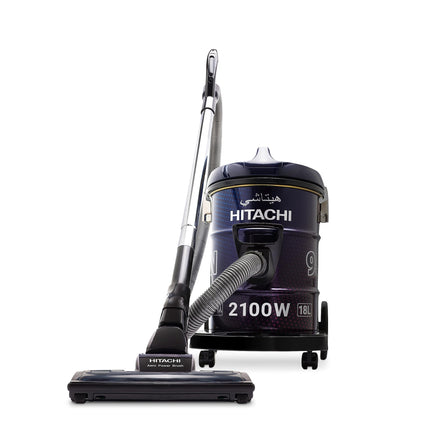 HITACHI Drum Vacuum Cleaner 2100 Watts, 18L Tank Dust Capacity, Aero Power Brush to Clean Efficiently, Metal Pipe, Dusting Brush & Crevice Nozzle, Washable Filter, Best for Home & Office, CV955NBLGCM
