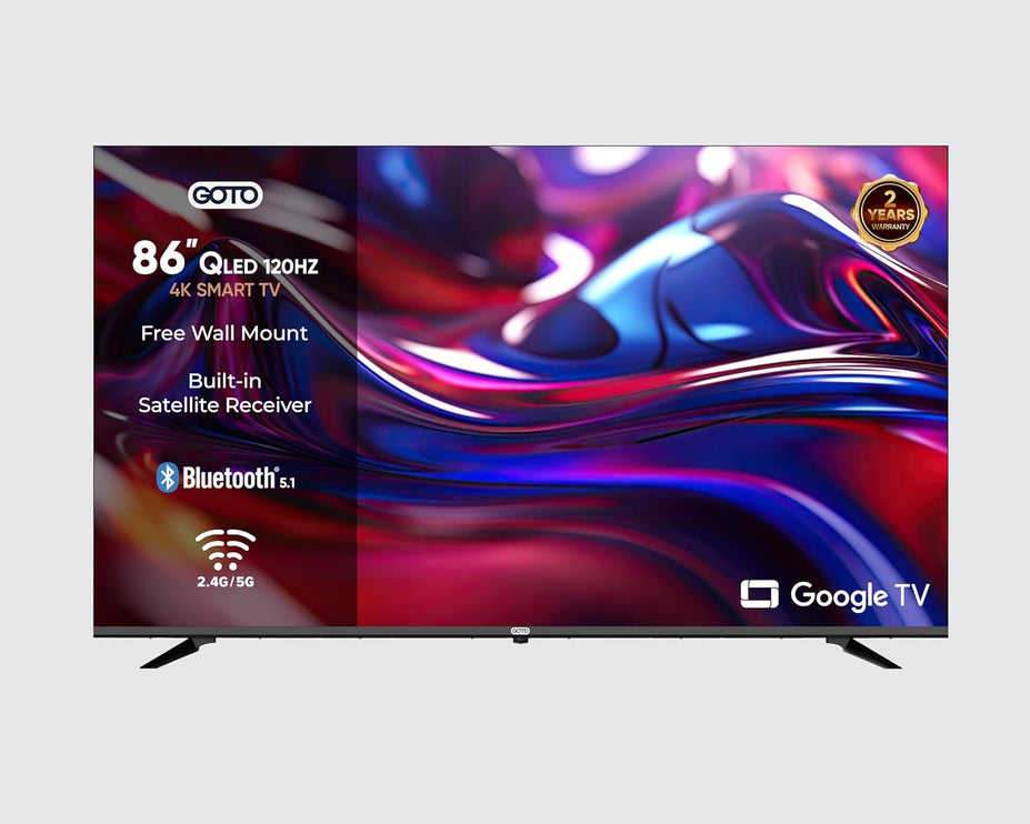 GOTO 86 Inch Smart TV | Frameless | 4K UHD | QLED | 120Hz | Official Google TV | Quad-Core Processor | Voice Control | 2.4G/5G WiFi | Bluetooth 5.0 | Chromecast Built-in | Built-in DVB-T2/S2