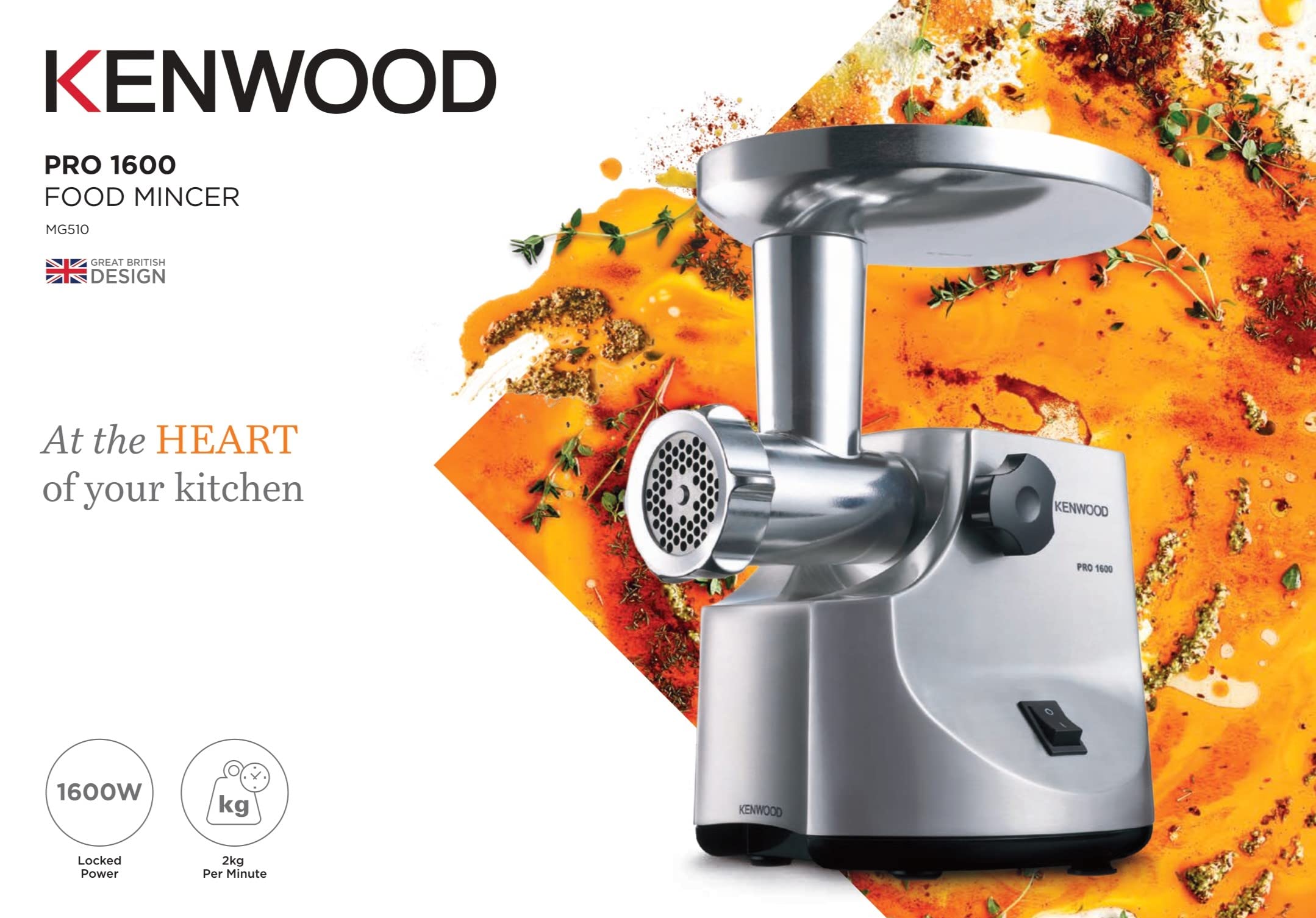 KENWOOD Meat Grinder 1600W Powerful Metal Body Meat Mincer with Kibbeh Maker Sausage Maker, Feed Tube Pusher, 3 Stainless Steel Screens for Fine, Medium & Coarse Results MG510 Silver