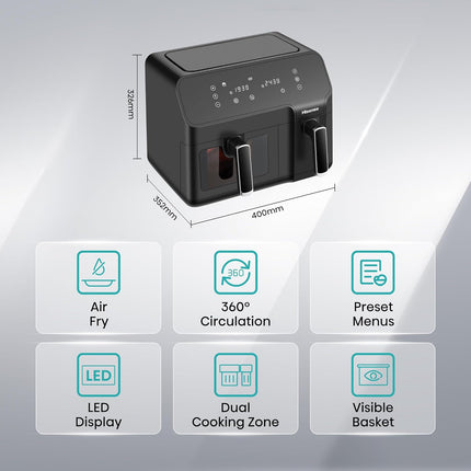 Hisense 9L Dual Basket Air Fryer, Air Fry, Preset Menus, 360° Circulation, LED Display, Dual Cooking Zone, Visible Basket, H09AFBK2S5