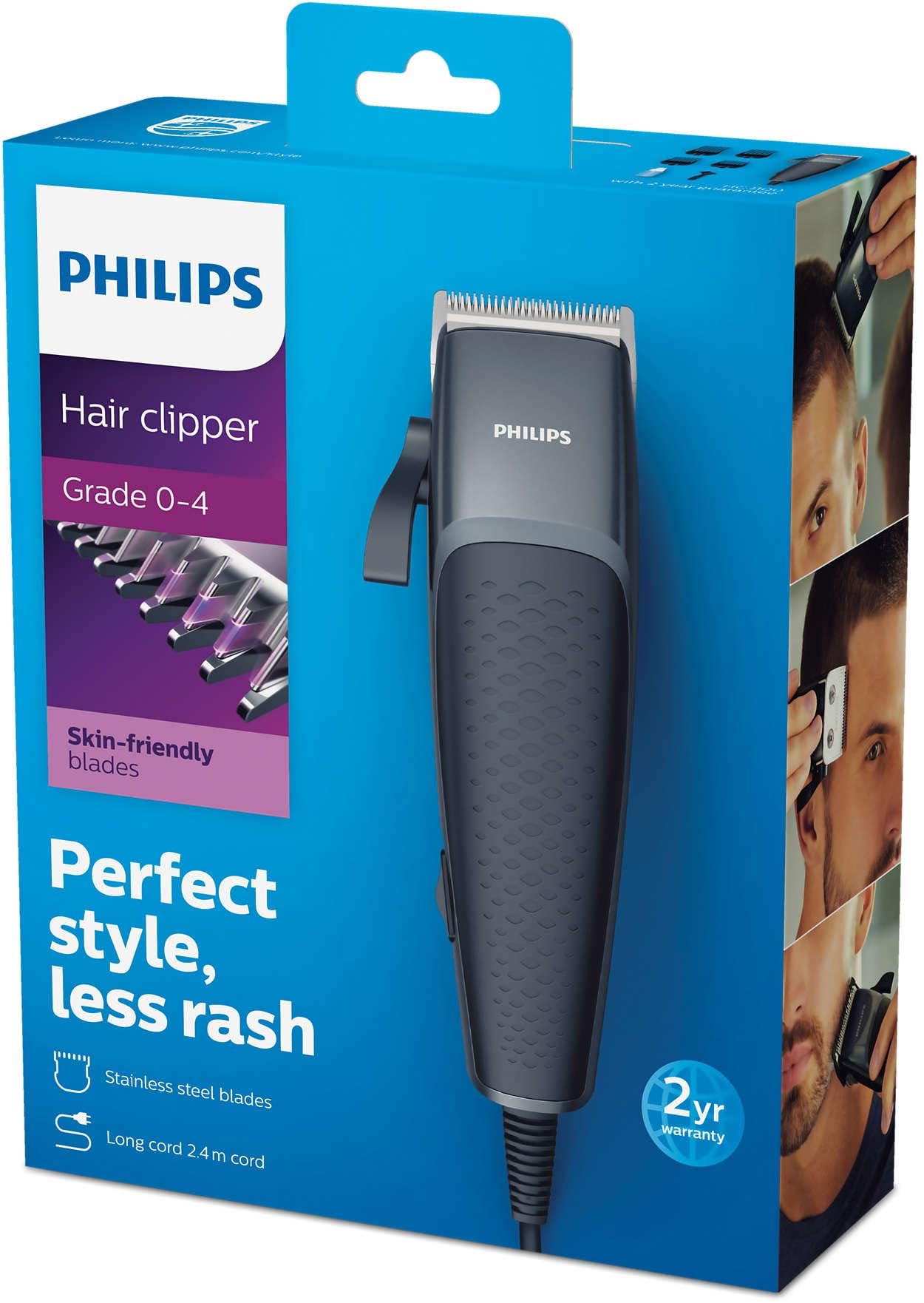 Philips Hairclipper Series 3000 Home Clipper Copper Motor Coil, Durable, Steel Blades, 2.4M Cord, 4 Click-On Combs, Hc310013