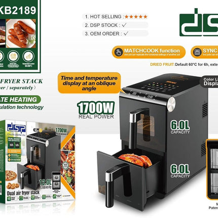 DSP 12L Double Stack Air Fryer, Dual Air Fryer with Dual Basket & 2 Drawers 1700W, 13 Preset Menus with Space Saving Design KB2189