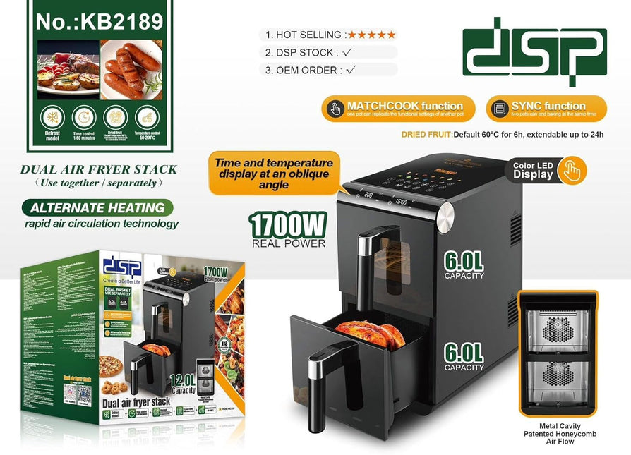 DSP 12L Double Stack Air Fryer, Dual Air Fryer with Dual Basket & 2 Drawers 1700W, 13 Preset Menus with Space Saving Design KB2189
