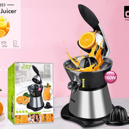 DSP KJ1051 Electric Citrus Juicer with Quiet Motor Orange Squeezer Stainless Steel Lemon Lime Grapefruit Cold Press, Anti-Drip Spout, BPA-Free, Organically Squeezed,16W