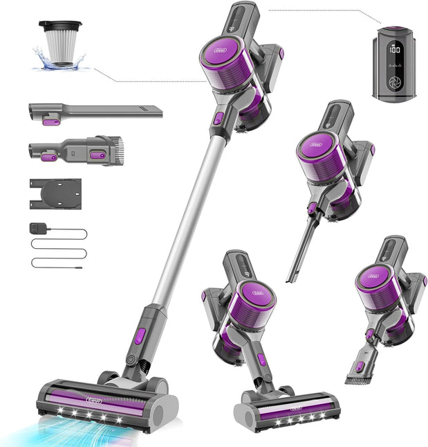 Gevi Brushless Cordless Vacuum for 25Kpa Motor with HEPA 45mins Runtime, Detachable Battery, Lightweight Vacuum for Carpet, Pet Floor 400W