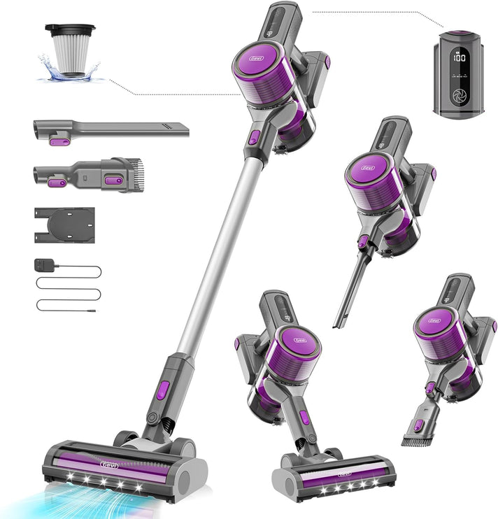 Gevi Brushless Cordless Vacuum for 25Kpa Motor with HEPA 45mins Runtime, Detachable Battery, Lightweight Vacuum for Carpet, Pet Floor 400W
