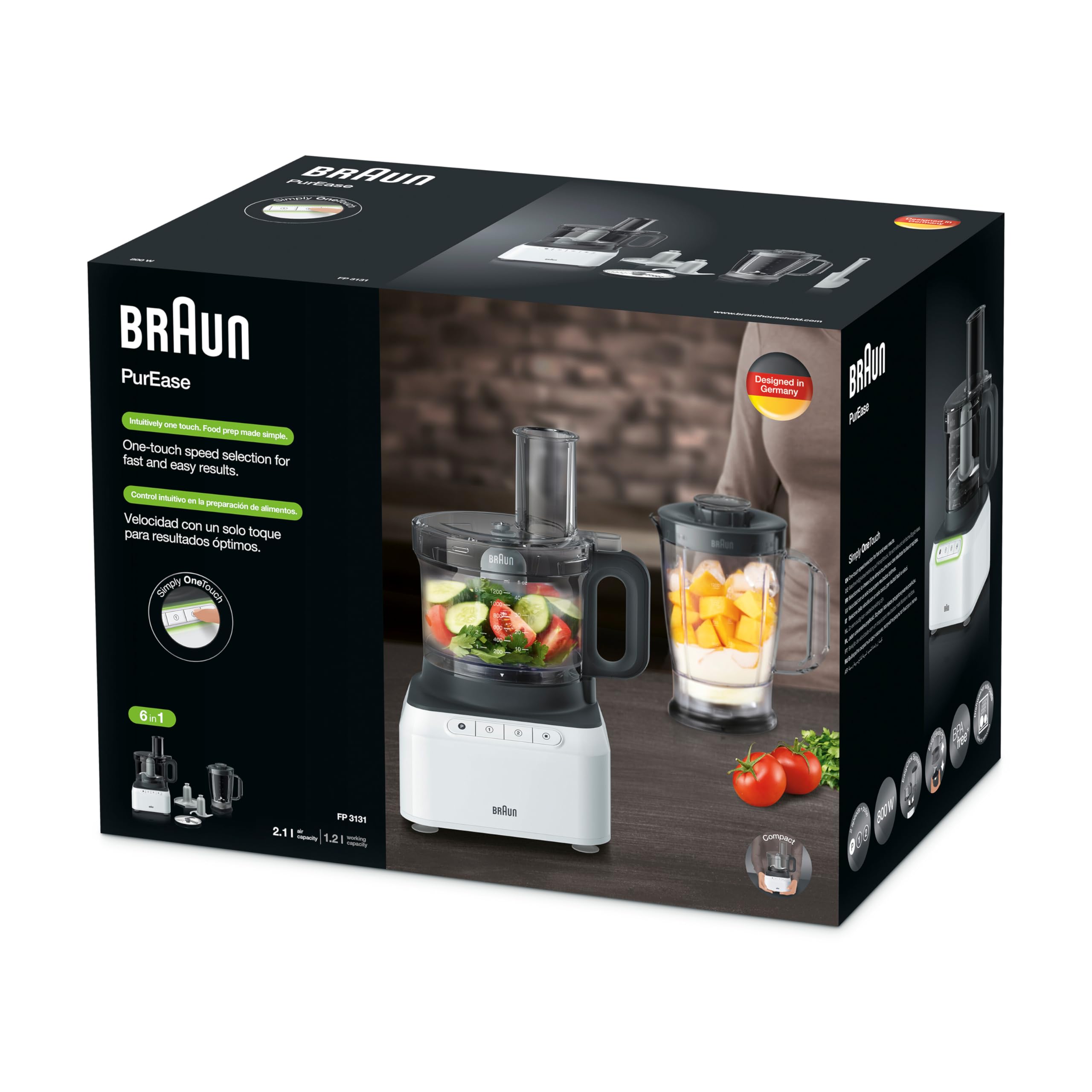 Braun Fp 3131, Food Processor White , 800 Watts. Blender 1.2 L, Food Prep Bowl 2.1 L, 2 Speed Button And Pulse