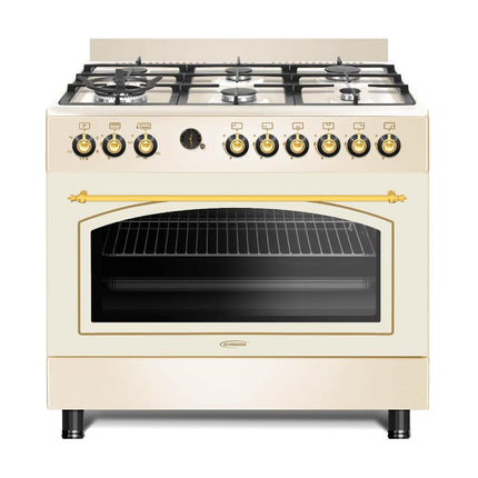 General Gold 90x60 cm Freestanding Gas Cooker 6 Burner, Dual Wok, Gas Oven Grill with Triple Glass Door, 90cm Heavy Duty Cooking Range Automatic Ignition, Full FFD Safety, Rotisserie, Cooling Fan