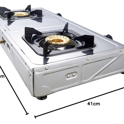 Nobel Gas Stove with Dual Gas Burner/2 Brass Burners and Stainless Steel Brass & Auto Ignition Energy Saving - 710 x 410 x 140 (W x D x H) mm NGT2004 with 2 Year Warranty