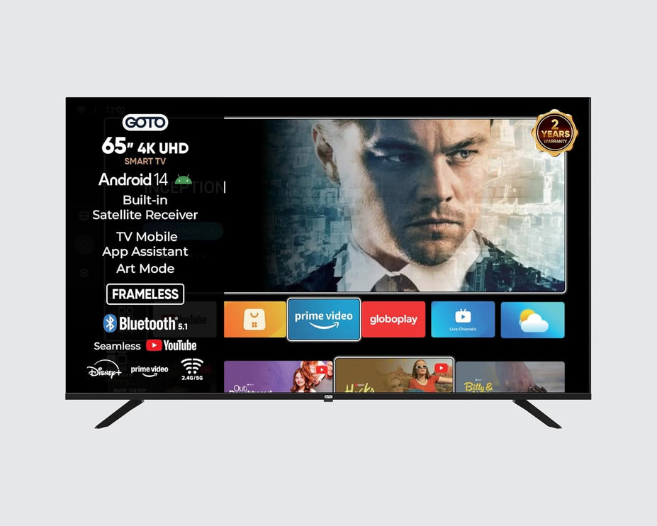GOTO 65 Inch Smart TV | Frameless | 4K UHD | Android 14 Plus Smart TV | Chromecast Built-in | TV Assistant Mobile App | 2.4GHz/5GHz WiFi | Bluetooth 5.1 | Built-in DVB-T2/S2 | Free Wall Mount