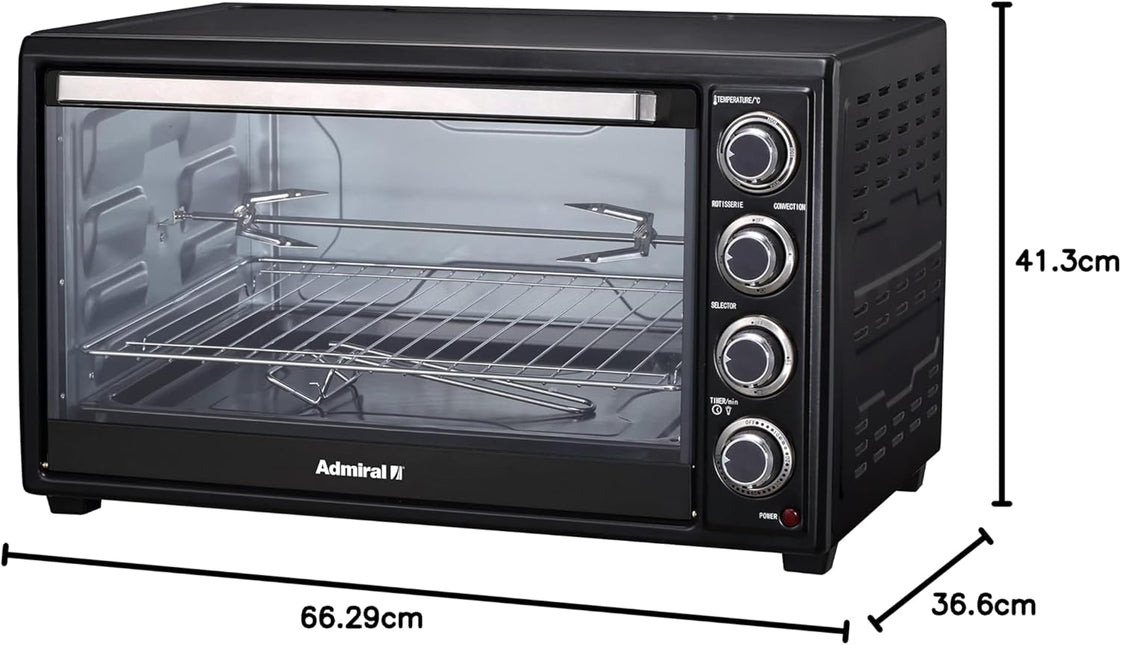Admiral 60L Stainless Steel Electric Oven with Motorized Rotisserie, 2800W, Adjustable Temperature, 60 Minutes Timer, Multi Cooking Function, ADEO60NBSCP, 1 Year Warranty.