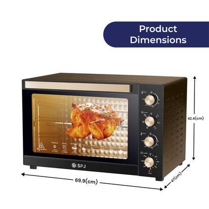 SPJ Electric Oven, 80L Oven, 2400W With 7 Power Levels, 70-250 °C Adjustable Temp.,120 Minutes Timer, 360° Motorised Rotisserie, Inner Lamp, Easy to Use, Color - Brown, EOW-BR80L01, 1 Year Warranty