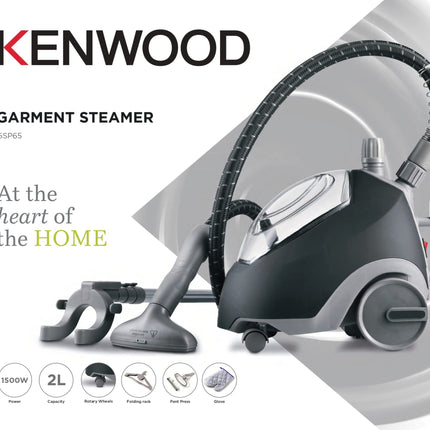 KENWOOD Garment Steamer 1500W with 2L Water Tank Capacity, Rotary Wheels, Folding Rack, Trouser Press, Glove GSP65.500BK Black