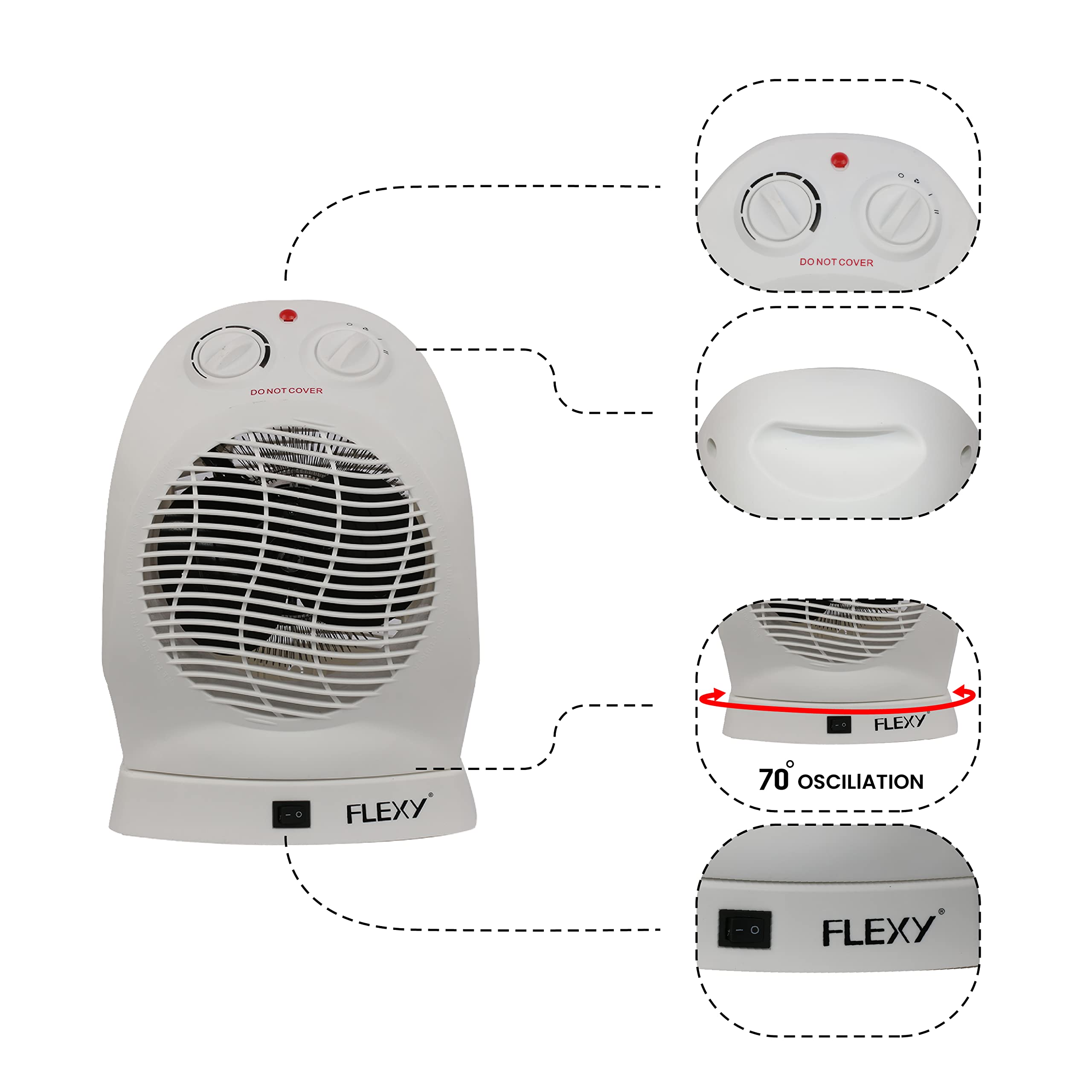 Flexy Germany 2000 Watts Portable Room Space Fan Heater With 3 Heat Adjustments- 180° Oscillation…, White, Ffh7718_Mm, Ffh7717  فلكسي مدفاة محمولة بمروحة للغرفة بقدرة 2000 واط مع 3 تعديلات للحرارة - تذبذب 180 درجة...، ابيض