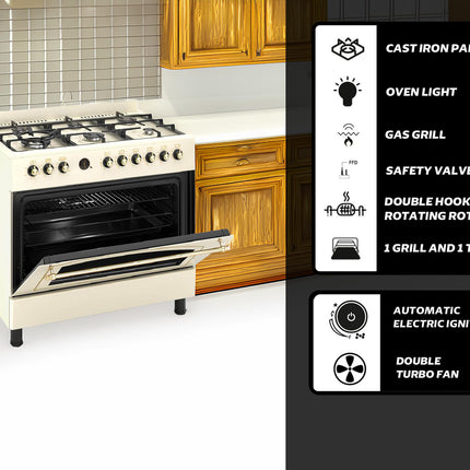 General Gold 90x60 cm Freestanding Gas Cooker 6 Burner, Dual Wok, Gas Oven Grill with Triple Glass Door, 90cm Heavy Duty Cooking Range Automatic Ignition, Full FFD Safety, Rotisserie, Cooling Fan