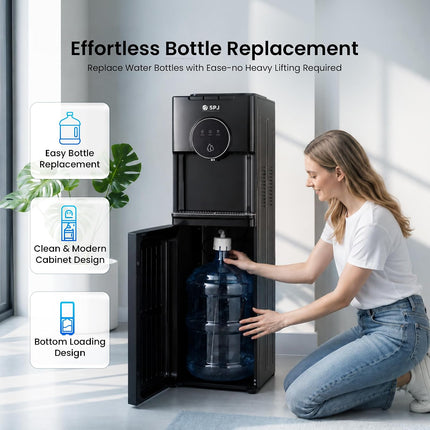 SPJ 18.9L Bottom Loading Water Dispenser, Hot Cold & Normal Water Cooler, Compressor Cooling, Child Safety Lock, Anti-Electric Shock Protection, Antibacterial, Black