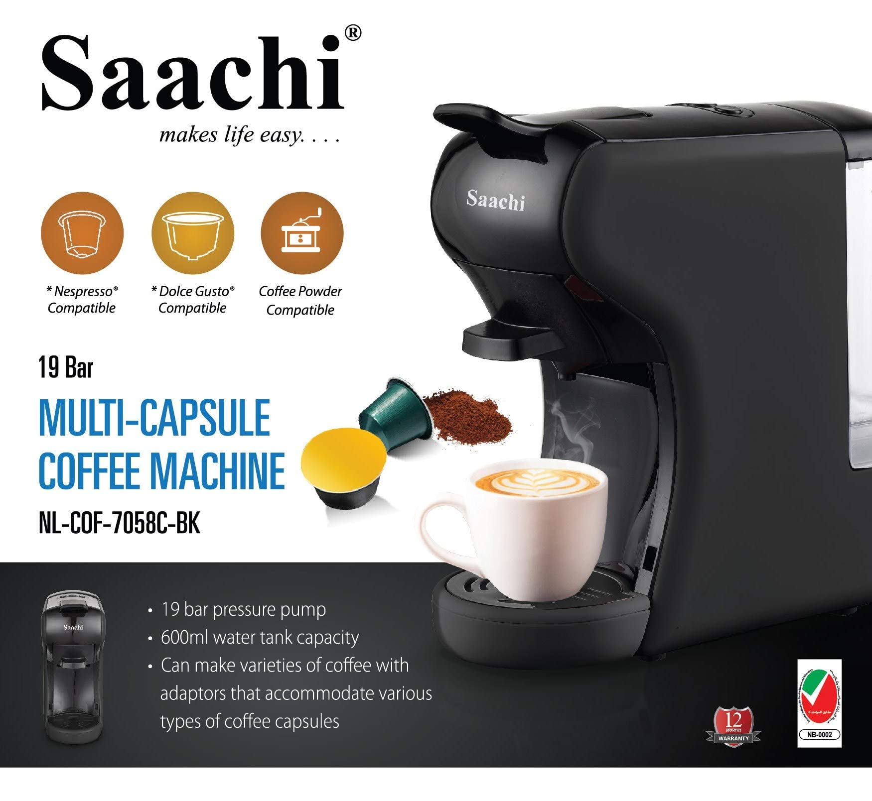 Saachi Multi-Capsule Coffee Machine NL-COF-7058C-BK With 19 Bar Automatic Steam Pressure Pump