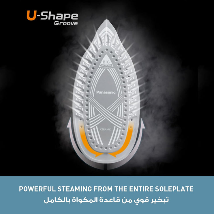 Panasonic Steam Iron Powerful 2400W Performance,Ceramic soleplate,Anti-Calc System,Adjustable Steam Settings,Continous Powershot,Lightweight design for effortless wrinkle removal & Anti-Drip-NI-U450