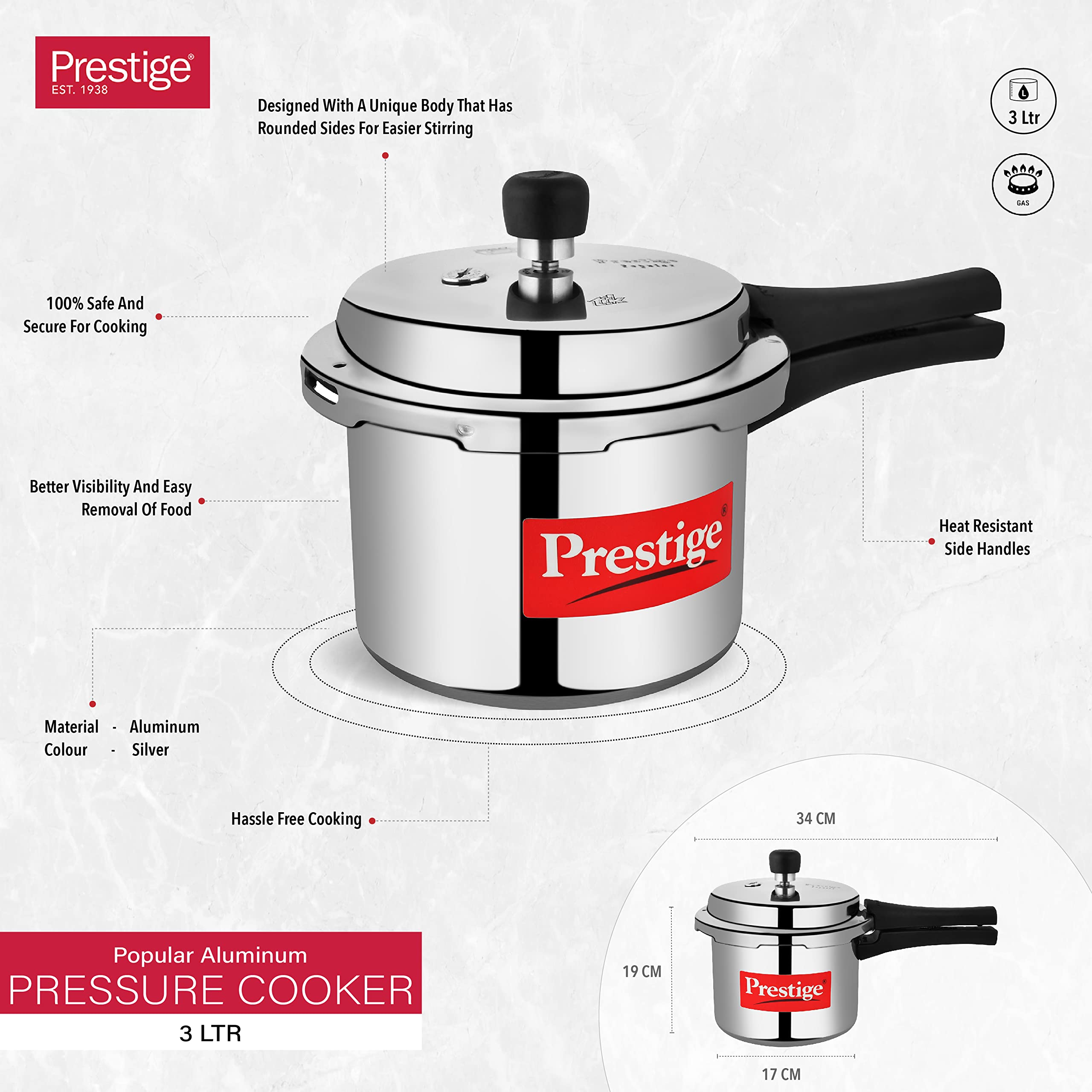 Prestige Popular Pressure Cooker Silver, 3L,‎1000 watts